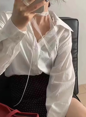 2025简约风高级感白色假两件蕾丝拼接西装长袖宽松衬衫上衣女秋季