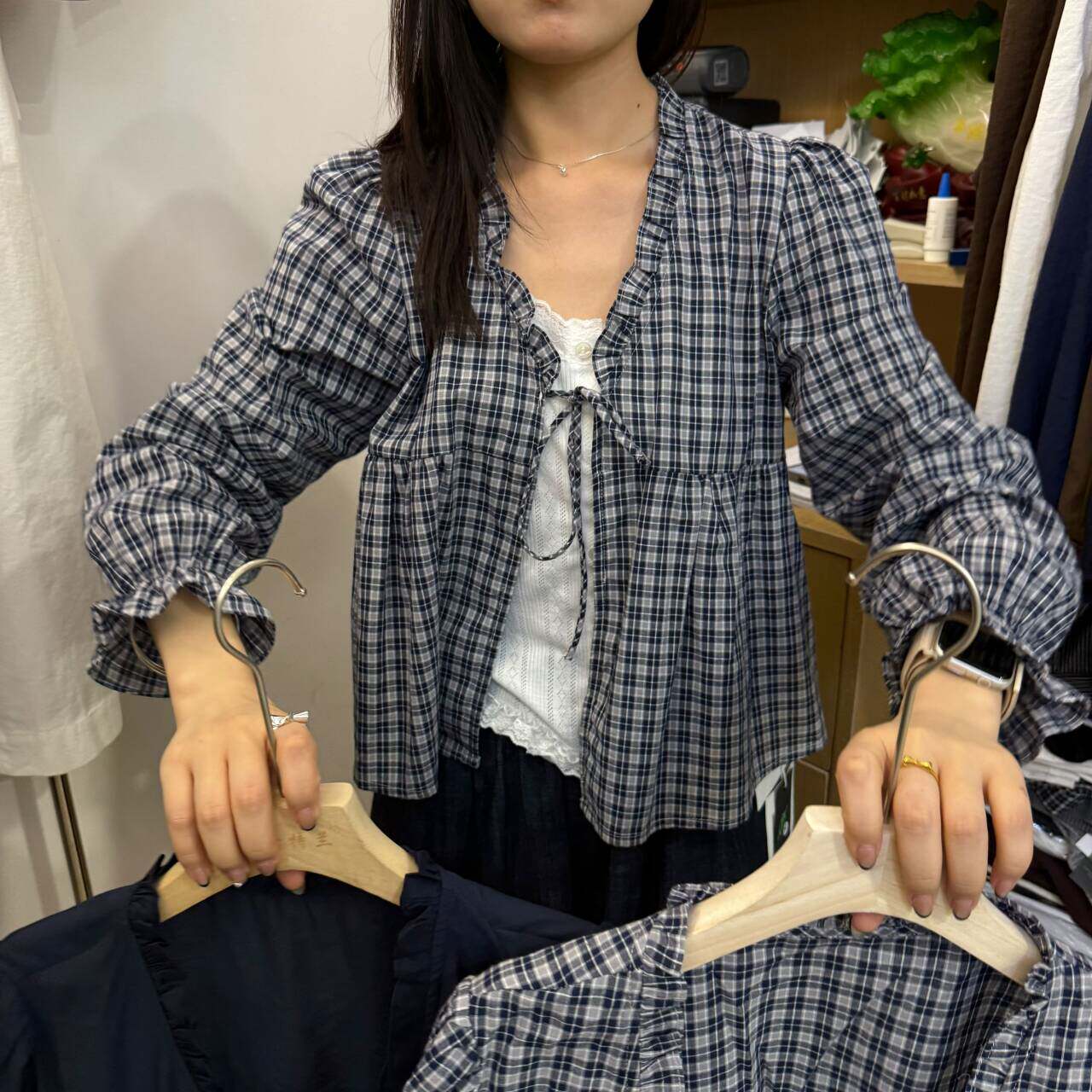 清新氛围感木耳边格子系带衬衣夏季女格纹宽松防晒轻薄衬衣