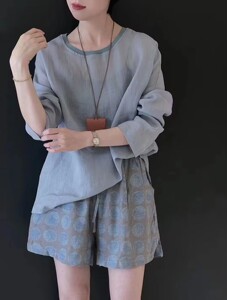 高品质欧货2024年夏季新款套头长袖防晒衬衫短裤时尚套装女两件套