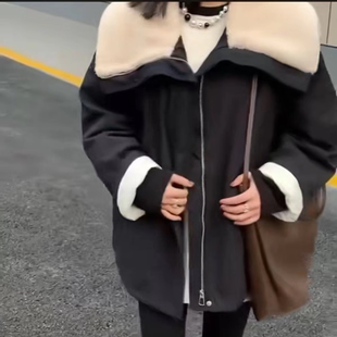 羊羔毛领派克羽绒服女2024冬白鸭绒中长款大翻领外套保暖外套潮女