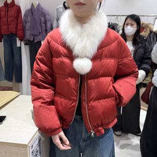 欧货2025冬季新款时尚圆领狐狸毛领围脖百搭短款羽绒服女保暖外套