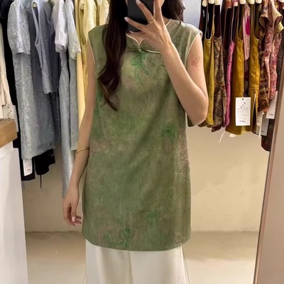 新中式国风盘扣无袖衬衫背心女夏季2025新款高级感中长款提花上衣