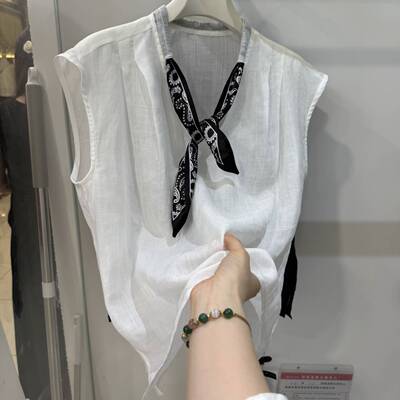 2025夏季新款时尚圆领无袖丝巾气质显瘦天丝+苎麻宽松上衣女潮