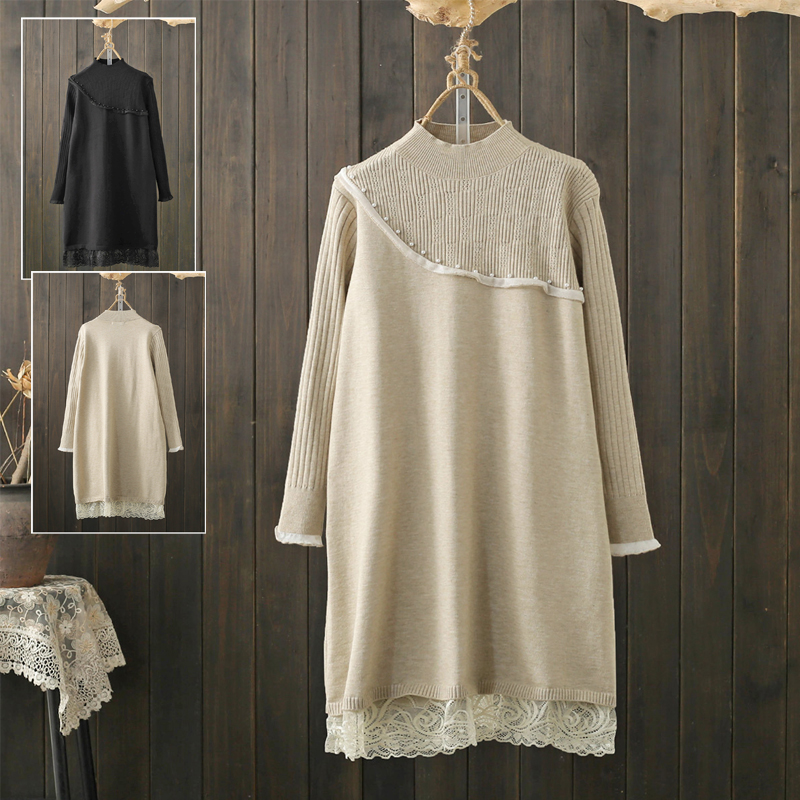 秋冬大码200斤气质蕾丝拼接配大衣毛衣裙中长款打底针织连衣裙潮
