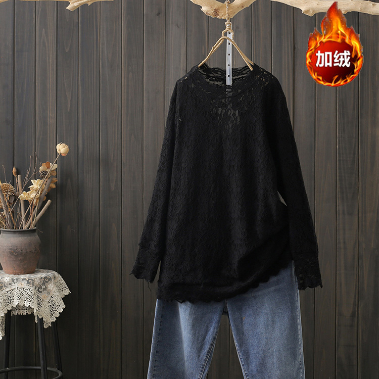 超大长袖性感加绒中长款蕾丝T恤