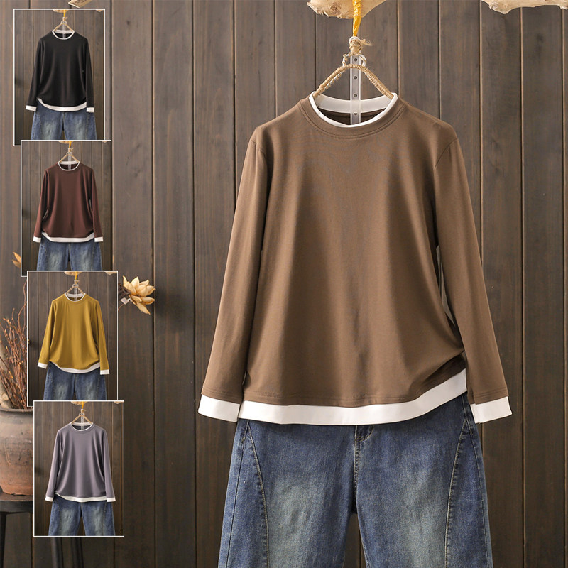 春秋大码200斤长袖T恤上衣胖mm宽松显瘦休闲假两件洋气内搭打底衫,女装/女士精品,T恤,淘宝优惠券,粉丝福利购,淘宝优惠卷