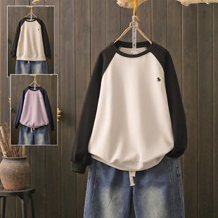 春秋大码 200斤刺绣无帽套头卫衣胖mm宽松显瘦百搭拼色休闲上衣潮