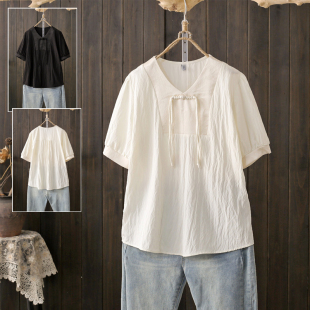 胖mm宽松显瘦气质v领短袖 夏季 国风盘扣衬衫 200斤新中式 上衣潮 大码