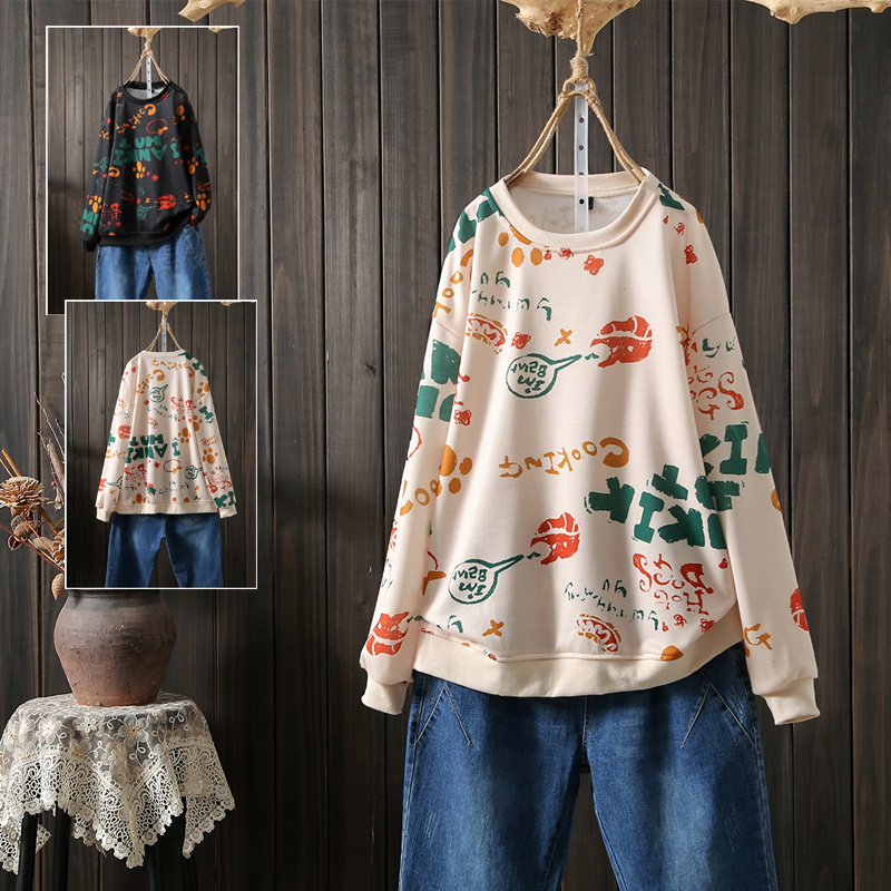 秋季薄款字母卡通涂鸦印花网红潮ins卫衣女长袖宽松休闲大码上衣