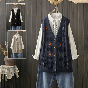 毛衣外套背心潮 马甲V领无袖 春秋大码 200斤文艺范绣花减龄针织开衫