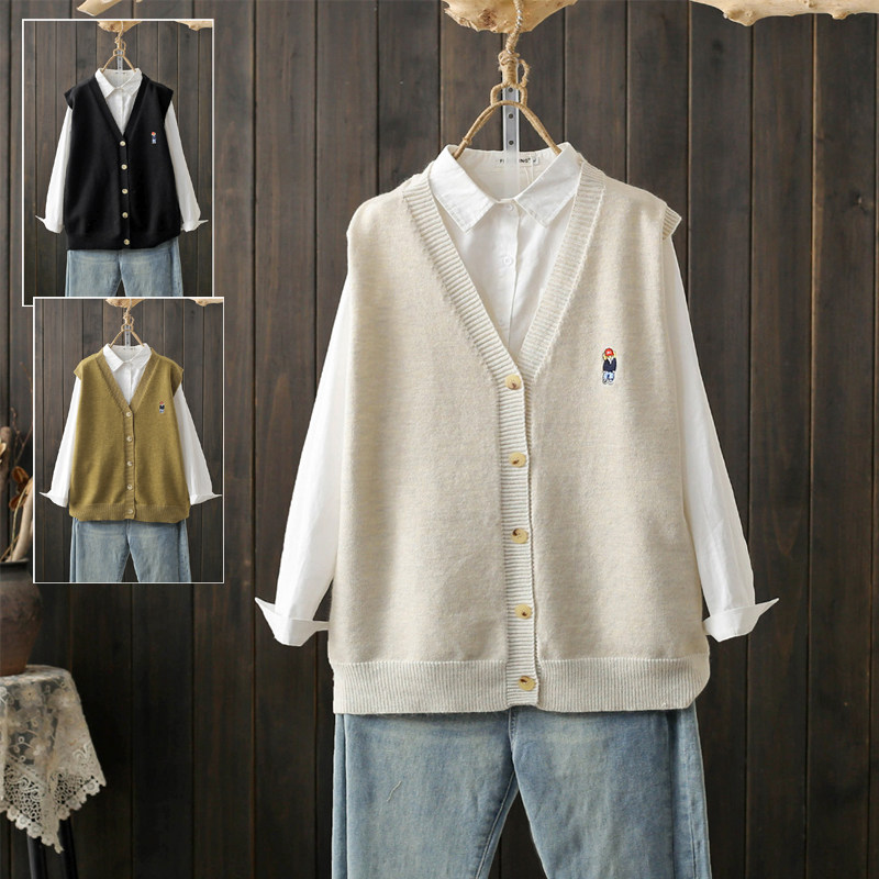 秋冬大码200斤卡通刺绣v领单排扣减龄背心女宽松无袖内搭外穿坎肩,女装/女士精品,马夹,淘宝优惠券,粉丝福利购,淘宝优惠卷