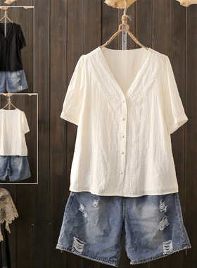 夏季大码200斤法式度假风简约优雅衬衫女微胖MM温柔清爽纯棉小衫