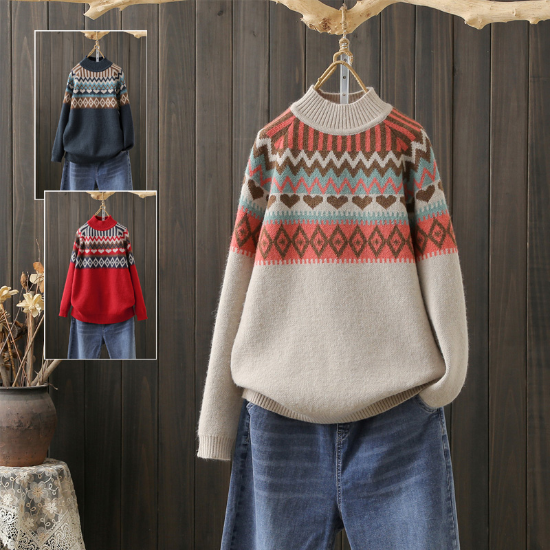 秋冬大码200斤半高领毛衣宽松外穿洋气打底衫内搭针织衫提花上衣