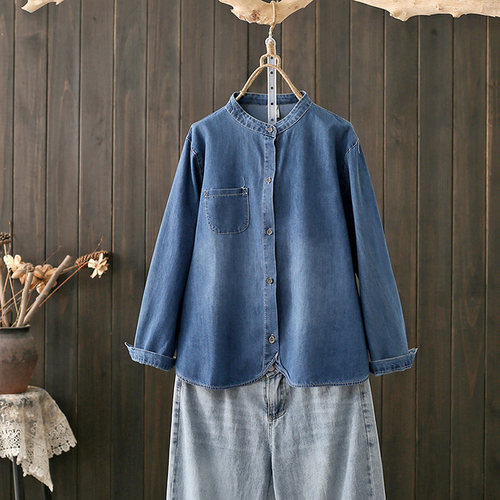 夏季200斤文艺复古牛仔衬衫