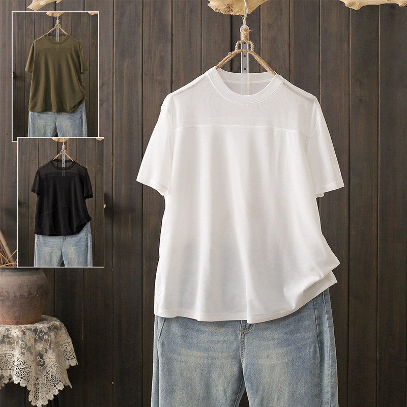 夏季大码200斤镂空网纱短袖t恤女装凉感薄款小衫休闲宽松时尚上衣