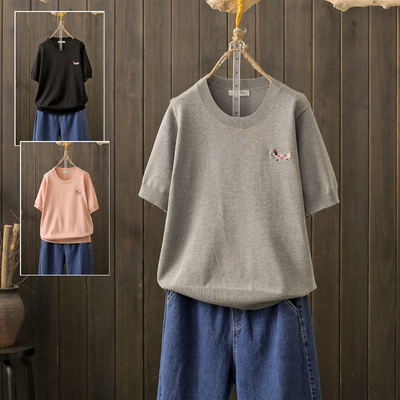 夏季200斤小狗立体刺绣针织T恤