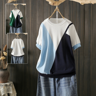 上衣 200斤T恤女ins显瘦设计感小众撞色拼色冰丝针织短袖 夏季 大码
