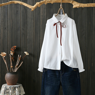 宽松蝴蝶结系带韩版 2019春秋新款 衬衫 长袖 条纹 胖mm衬衣女上衣大码