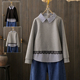 春秋大码 200斤假两件长袖 卫衣女女polo领条纹拼接宽松减龄上衣潮