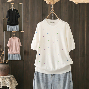 200斤愛心刺繡圓領針織短袖 T恤女寬松遮肚顯瘦冰絲上衣潮 大碼 夏季