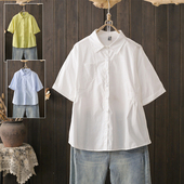 韩版 夏季 女短袖 200斤文艺简约纯棉白衬衫 宽松设计感小众上衣 大码