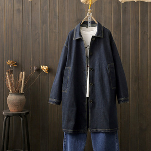 春秋大码 宽松显瘦上衣潮 200斤日系简约水洗牛仔风衣外套女中长款