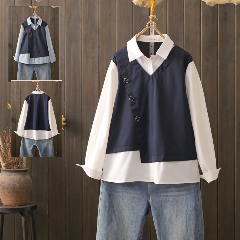 春秋大码200斤设计感假两件长袖衬衫宽松显瘦气质洋气打底衫上衣