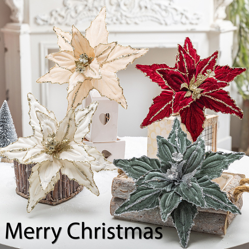 圣诞节装饰品圣诞高档绒布花装饰圣诞树配饰亮片插花diy装饰品
