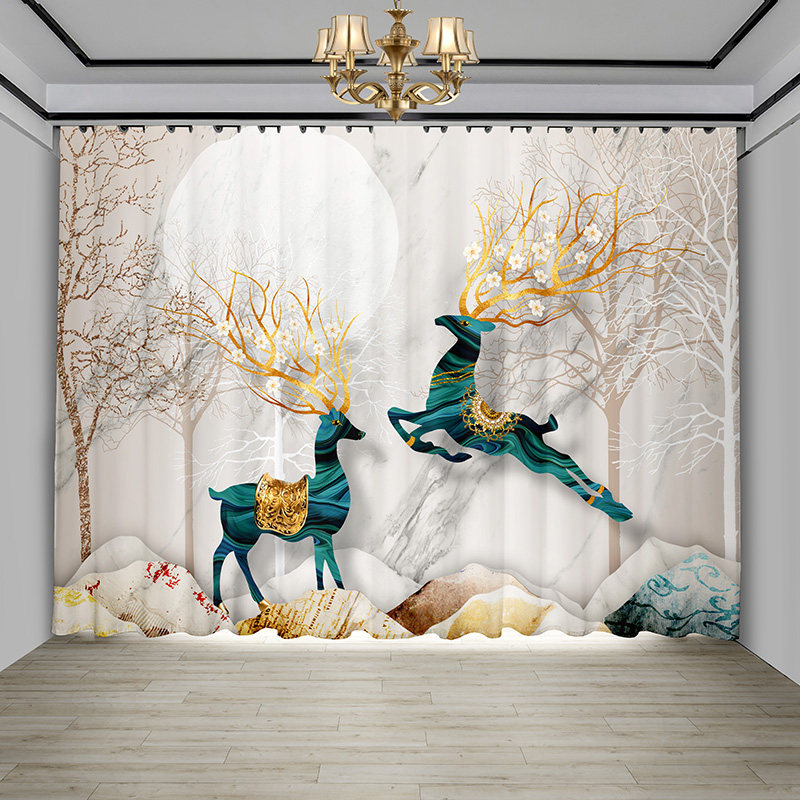 高档轻奢窗帘招财进宝金色麋鹿遮光帘客厅卧室落地窗飘窗可定制
