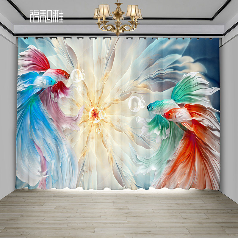 新中式孔雀年年有鱼窗帘家和客厅卧室书房阳台透光不透人遮光窗帘