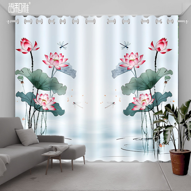中国风古典中式荷花窗帘遮光禅意茶室莲花客厅书房装饰遮光隔断帘