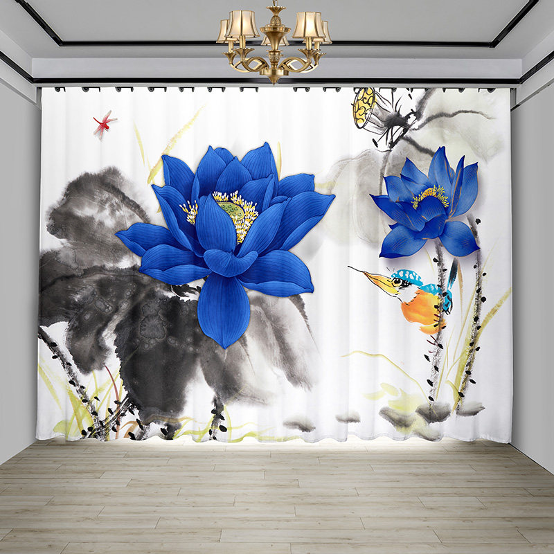 新中式荷花窗帘复古中国风客厅卧室遮光遮阳隔断帘纱帘免打孔定制