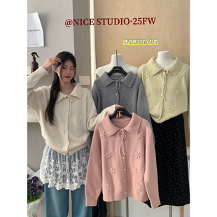 翻领复古提花开衫 奶思家NICE 新款 2025冬季 保暖毛衣Y2579 STUDIO