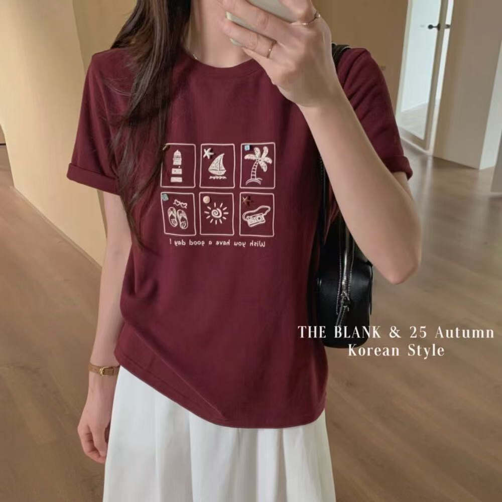 2025秋上新【THE BLANK】图案印花圆领休闲百搭短袖T恤女7902