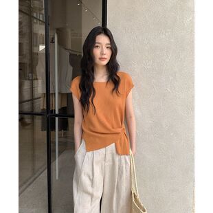 MMC下摆不规则斜扣设计感针织衫2026夏新款亚麻短袖上衣61M61093