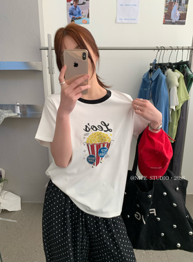 奶思家NICE STUDIO-2026春上新撞色领爆米花印花舒适短袖T恤L8805