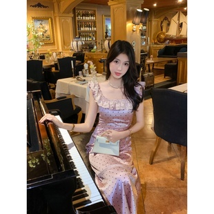 法式 长裙女 气质甜美粉色波点吊带连衣裙少女感显瘦长裙子夏季 新款