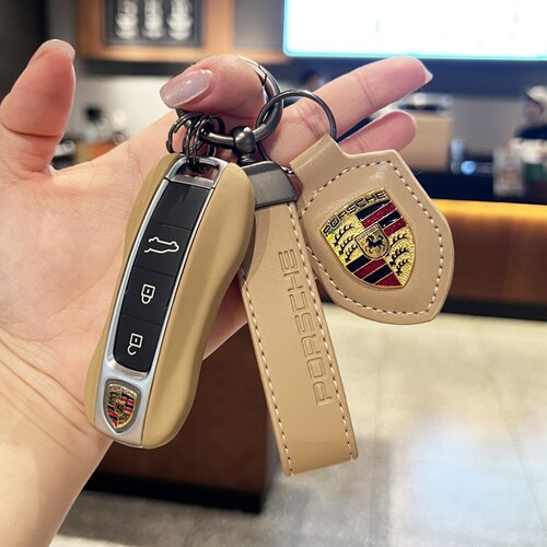 保时捷小牛皮真皮钥匙壳卡宴macan911帕拉梅拉718Taycan扣装饰品