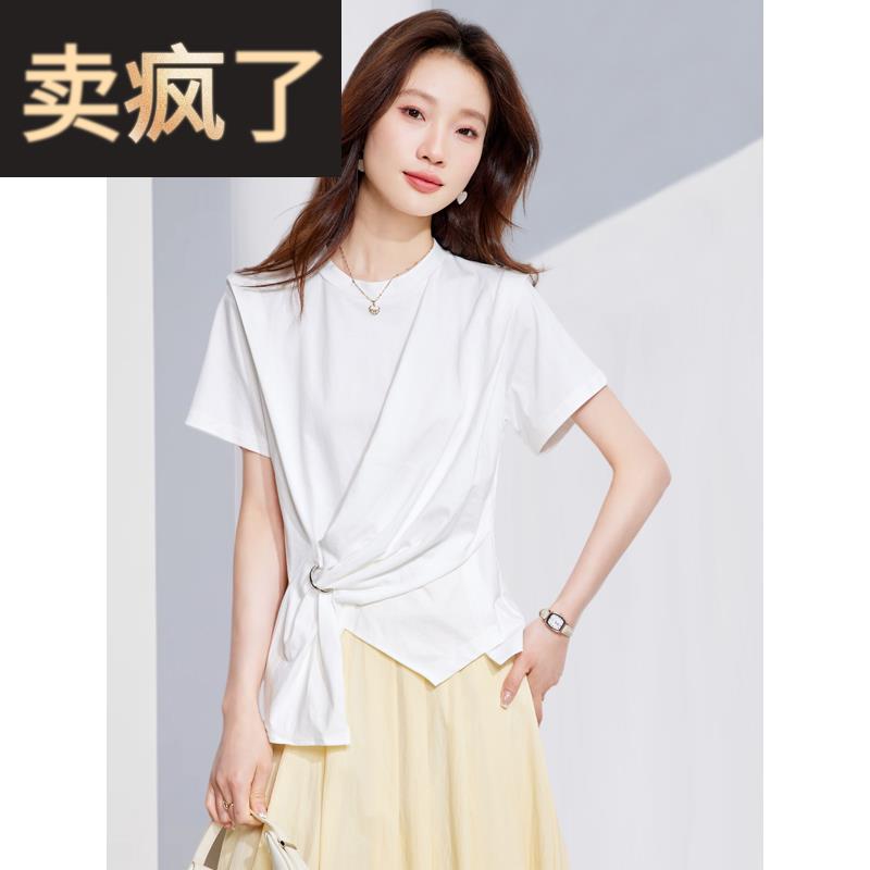 2025夏季新款经典圆领短袖不规则纯棉T恤洋气小众休闲白色上衣女