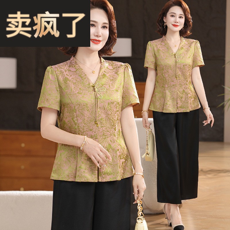 妈妈套装一整套2025新款小个子上衣洋气50岁中老年女装夏季两件套