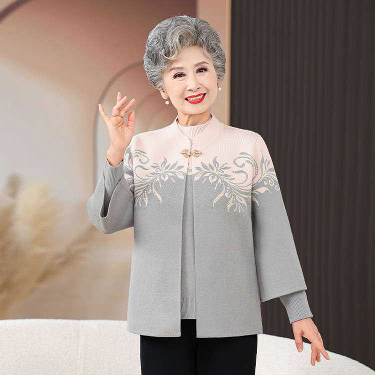 洋气奶奶装毛衣外套秋秋时尚针织开衫中老年人女秋冬打底衫两件套