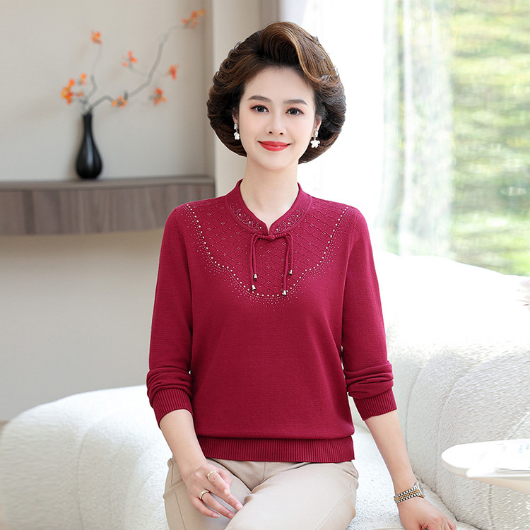 妈妈红色新中式国风毛衣女秋装新款宽松大码洋气套头针织打底衫冬
