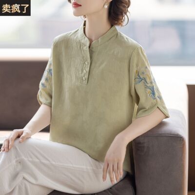 五十多岁妈妈夏装套装短袖t恤棉麻小衫洋派质时尚中老年女上衣服