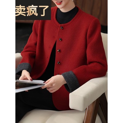 妈妈春装短款红色毛呢外套中老年女装春秋高贵双面呢大衣2025新款