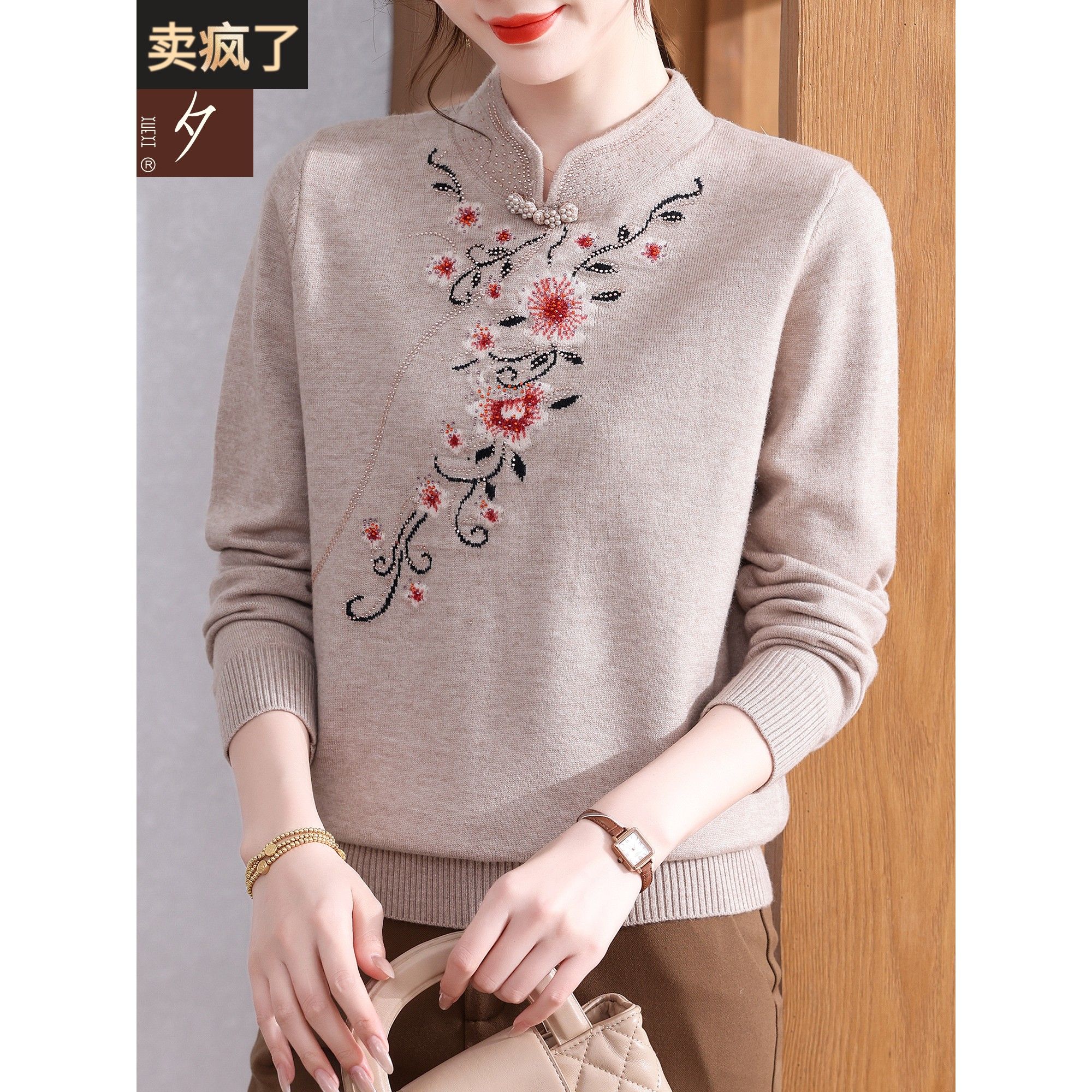 雪夕妈妈装秋冬新款加绒加厚毛衣中老年女时尚洋气针织衫打底上衣