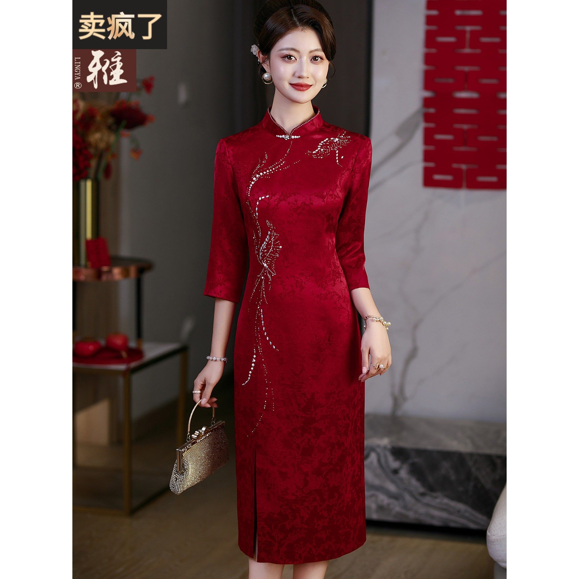 婚礼妈妈高定旗袍喜服醋酸礼服长裙喜婆婆婚宴手工钉珠绣花连衣裙