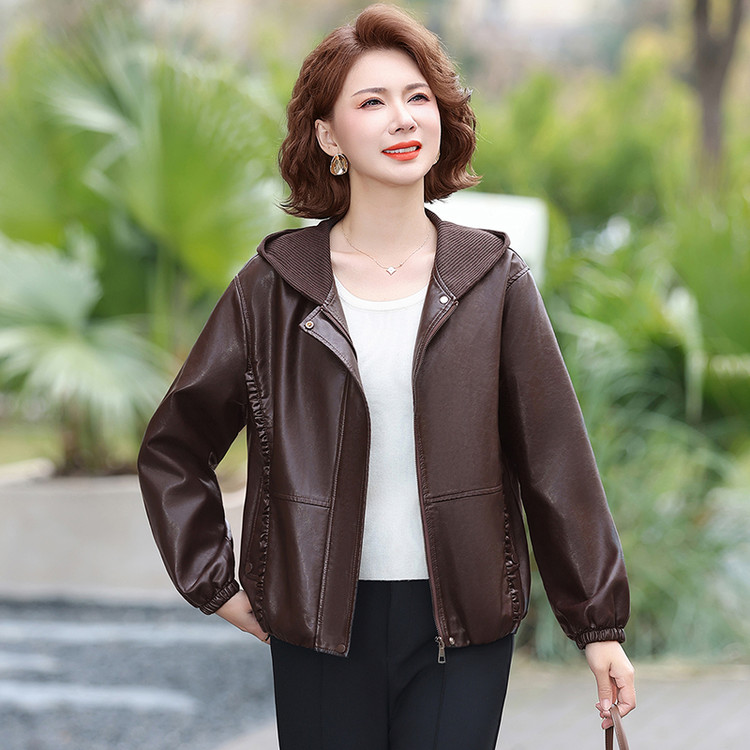 中老年女春秋洋气PU皮夹克