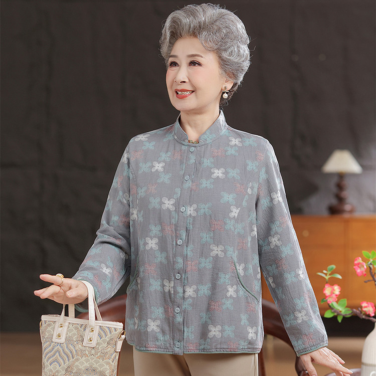 奶奶春秋纯棉印花长袖薄款开衫