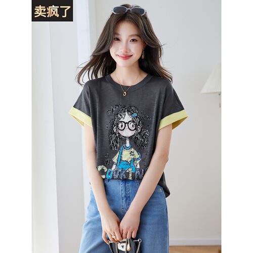 冰丝撞色短袖t恤女夏季休闲圆领卡通印花上衣宽松百搭超好看小衫