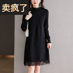 冬季针织连衣裙女秋冬款内搭中长款小个子冬天配大衣的毛衣裙蕾丝
